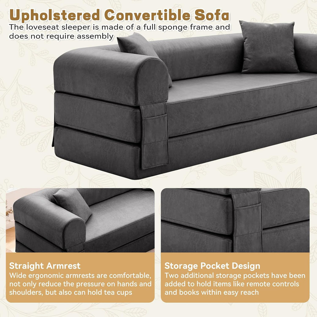 Convertible Folding Sofa Bed,78.5 Inch Faux Leather Futon Couch with Pillows & Storage Pocket,5-in-1 Queen Sleeper Sofa in a Box with Pull Out Bed,Boneless Couch for Living Room Bedroom,Gray