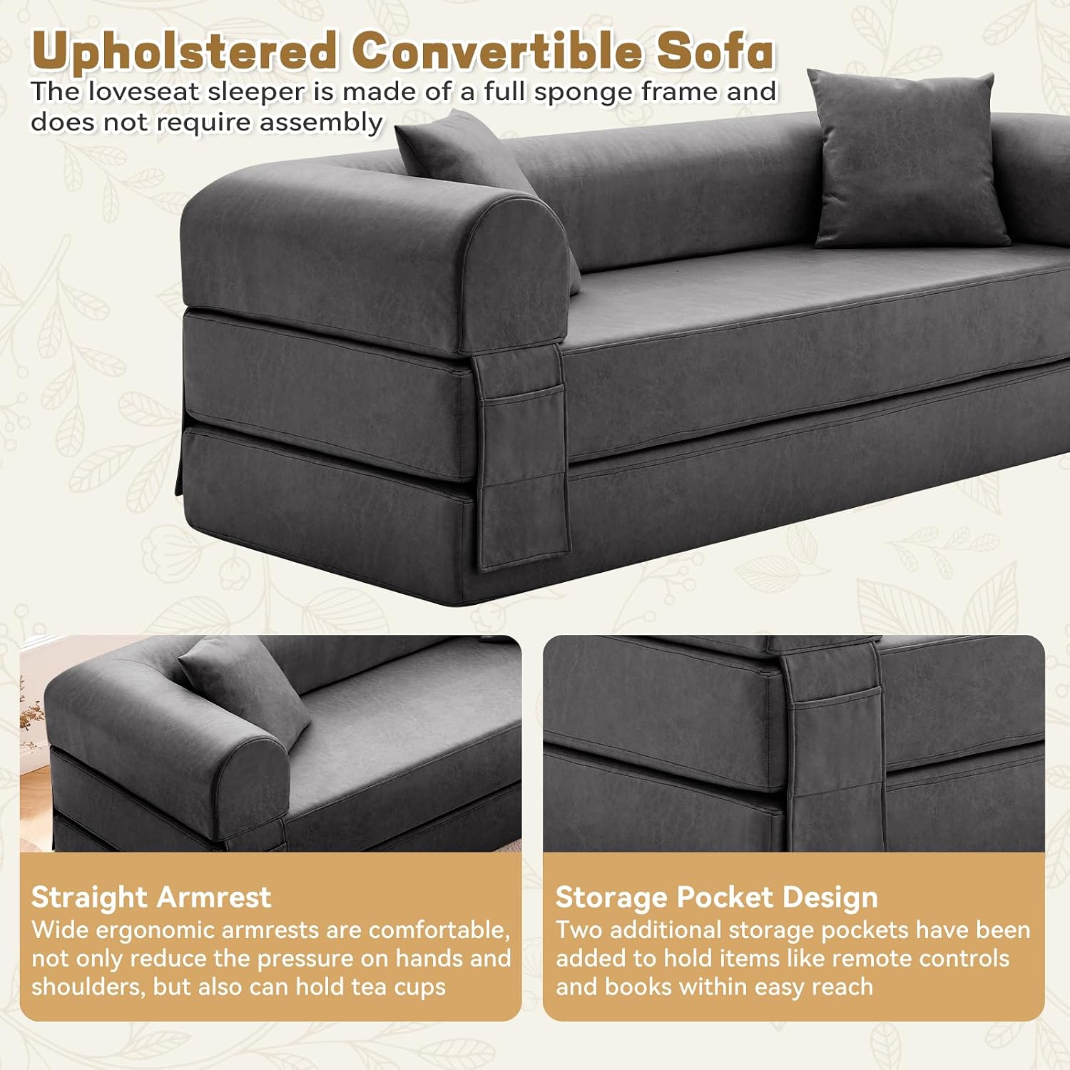 Convertible Folding Sofa Bed,78.5 Inch Faux Leather Futon Couch with Pillows & Storage Pocket,5-in-1 Queen Sleeper Sofa in a Box with Pull Out Bed,Boneless Couch for Living Room Bedroom,Gray