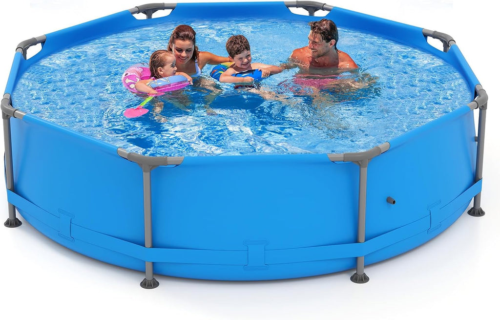 Goplus Above Ground Swimming Pool, 10' x 10' x 30'' Metal Frame Family Pool Set w/PVC Fabric, 3 Stoppers, Drainage Valve Connector, for Outdoor, Backyard, Garden, Patio (10' Round, 1158 Gal, Blue)