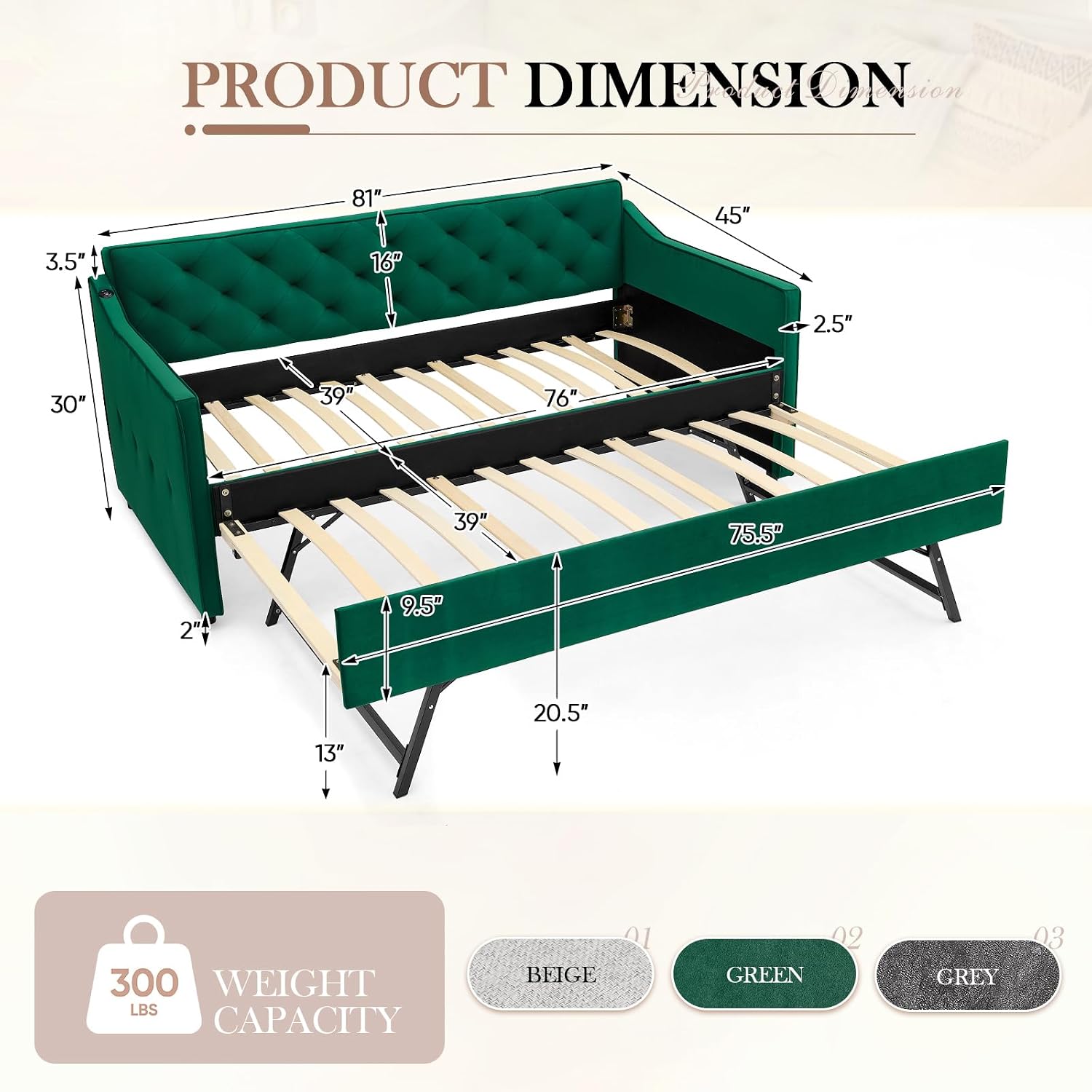 Antetek Daybed with Pop up Trundle, Fabric Upholstered Twin Size Day Bed Pull-Point Sofa Daybed Frame w/Twin Roll-Out Trundle/USB Port, Furniture for Bedroom, Living Room, Guest Room, Green