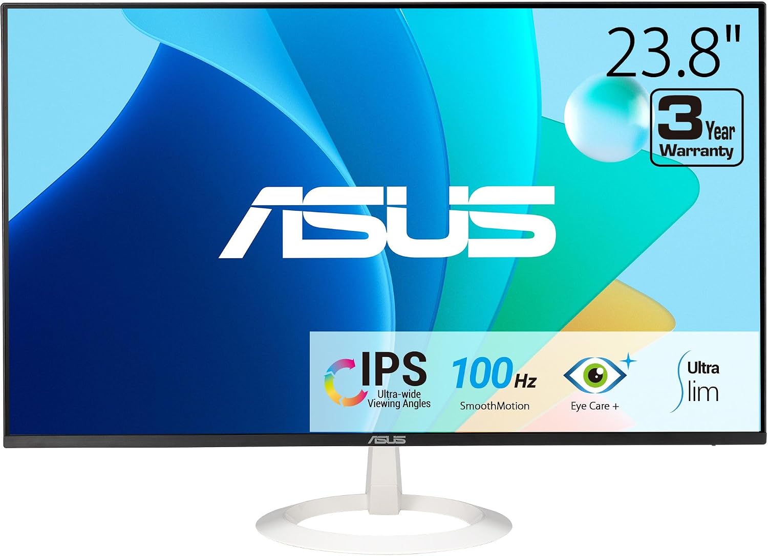 ASUS 24' (23.8-inch viewable) Eye Care Monitor (VZ24EHF-W) - IPS, Full HD (1920 x 1080), Frameless, 100Hz, Adaptive-Sync, 1ms, HDMI, Low Blue Light, Flicker Free, Ultra-Slim Profile, 3 yr Warranty
