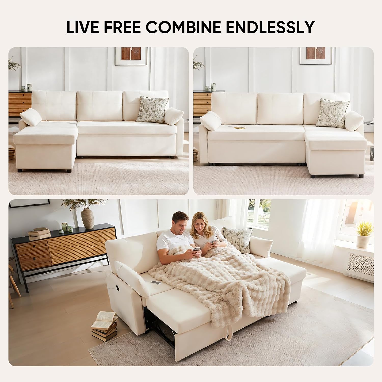Waxberry 85' L Shaped Sectional Sofa Couch, Pull Out Couch Sleeper Sofa Bed for Living Room, Modular Chenille Deep Seat Sofa, Reversible Chaise, Storage, Side Pockets & Dual USB/Type-C Ports, Beige