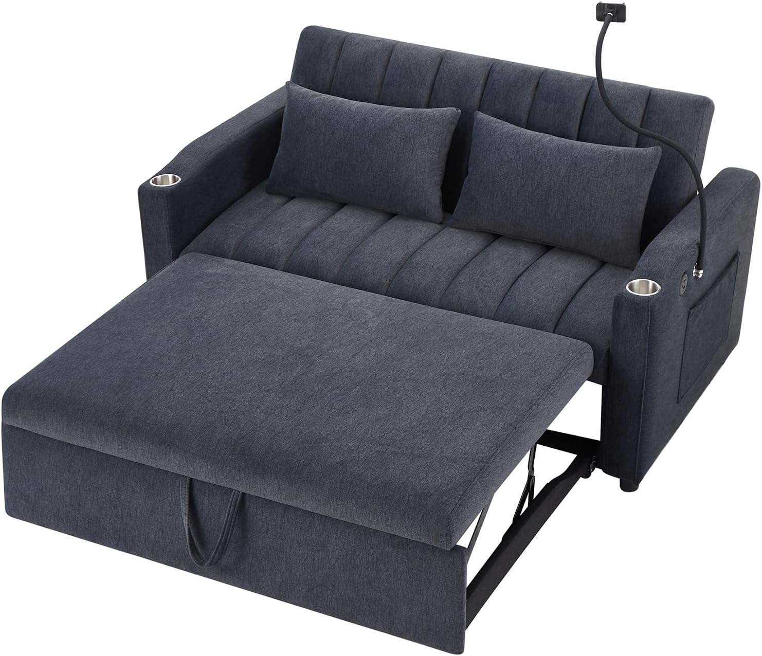 LUMISOL 3-in-1 Convertible Sleeper Sofa Bed, 55.9' Loveseat Pull Out Bed with USB Ports, Cup Holders, Swivel Stand & Storage Pockets, Modern Tufted Sofa Bed with Pillows, Blue Grey