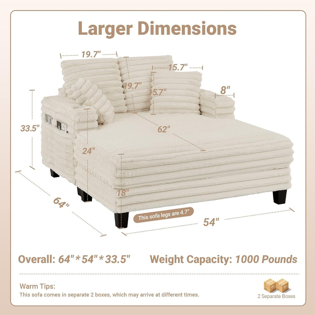 Amsleekey 64' Chaise Lounge Chair Indoor, Oversized Sleeper Chair with Wood Frame, Upholstered Sofa Bed for Living Room, Movie Room, Bedroom with 4 Storage Pockets&2 Cup Holders(Plush Corduroy, Beige)
