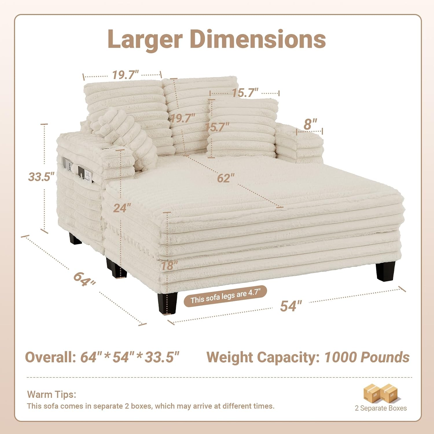 Amsleekey 64' Chaise Lounge Chair Indoor, Oversized Sleeper Chair with Wood Frame, Upholstered Sofa Bed for Living Room, Movie Room, Bedroom with 4 Storage Pockets&2 Cup Holders(Plush Corduroy, Beige)