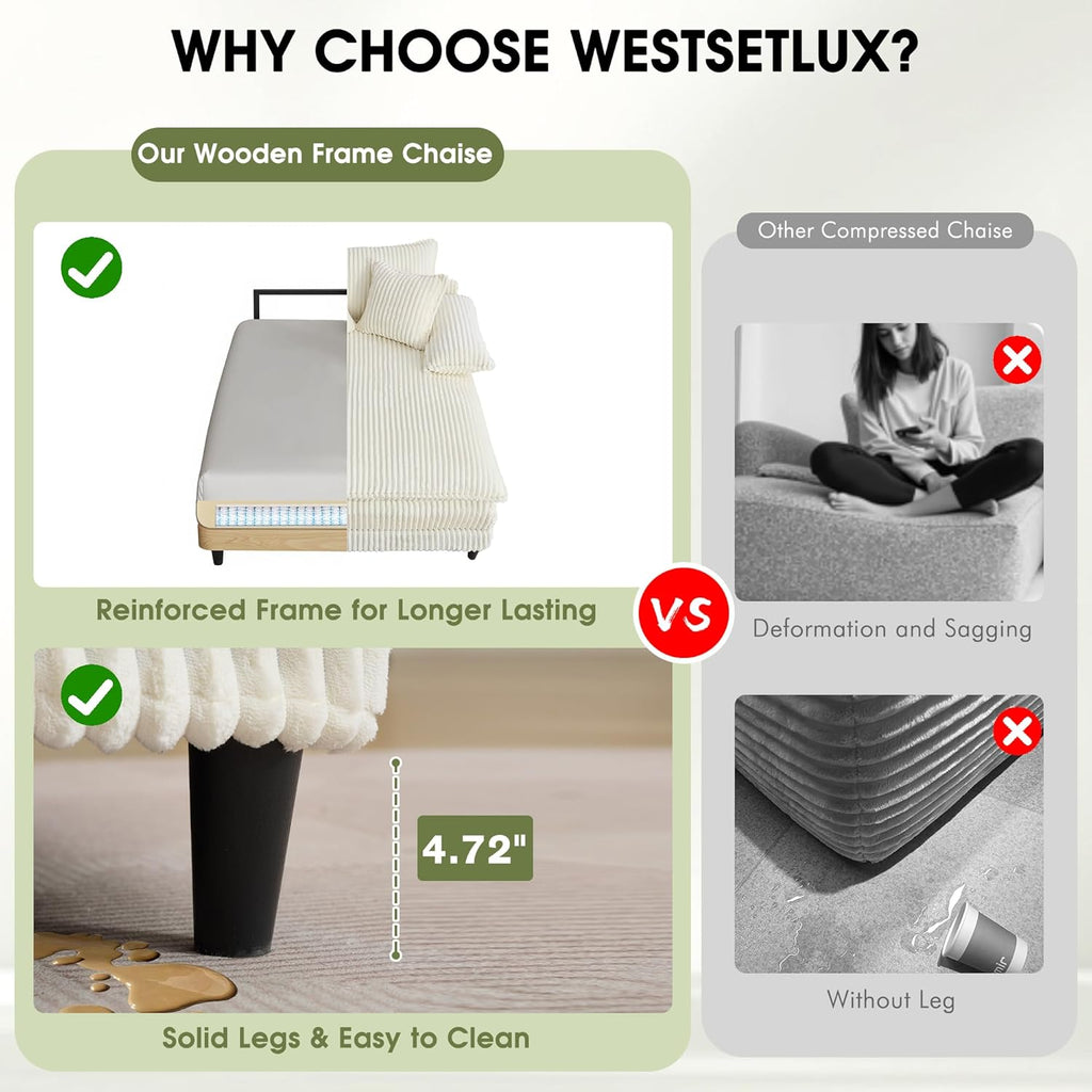 WESTSETLUX 54.8' W Oversized Chaise Lounge Chair Indoor with 5-Position Adjustable Backrest, Corduroy Sleeper Sofa Bed with 3 Pillows, Modern Cloud Couch Chair for Living Room, Bedroom, Beige