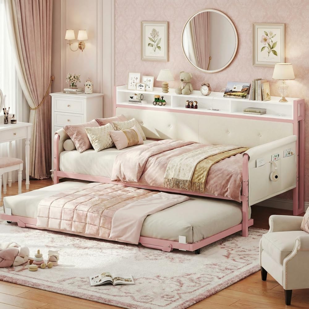 LIKIMIO Daybed with Trundle, Twin Bed Frame with Upholstered Headboard and Charging Station, Sofa Day Bed with Strong Supports for Living Room, Bedroom and Guest Room, Pink
