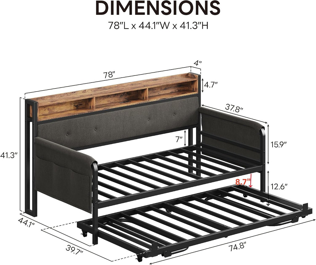 LIKIMIO Daybed with Trundle, Twin Bed Frame with Upholstered Headboard and Charging Station, Sofa Day Bed with Strong Supports for Living Room, Bedroom and Guest Room, Black