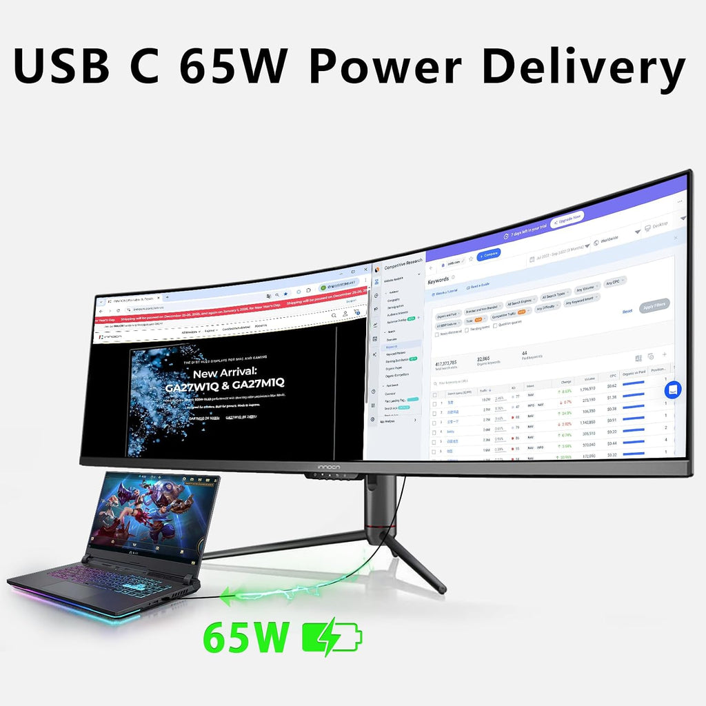 INNOCN Ultrawide 49' Curved 3840 x 1080P 144Hz 32:9 Monitor, Screen Split PIP PBP for Workflow/Gaming, R1800, 99% sRGB, HDR400, USB C, DisplayPort, HDMI, Speakers, Adjustable, Black (HDMI+DP Cable)