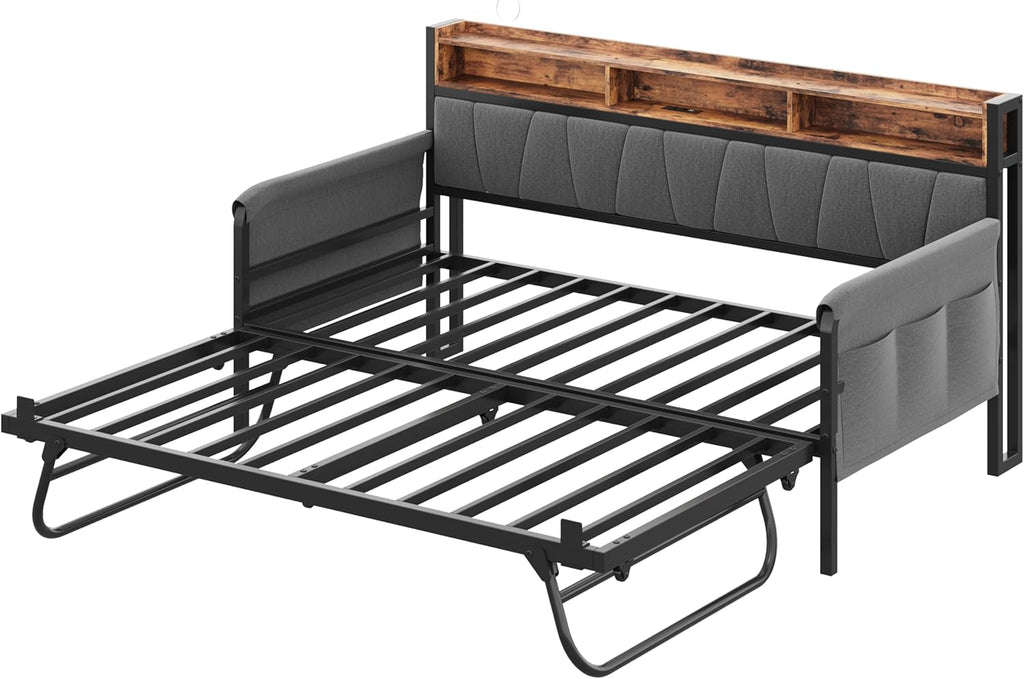 LIKIMIO Daybed with Trundle Bed, Twin Bed Frame with Upholstered Storage Headboard and Charging Station, Sofa Day Bed with Strong Supports for Living Room, Bedroom, and Guest Room, Black