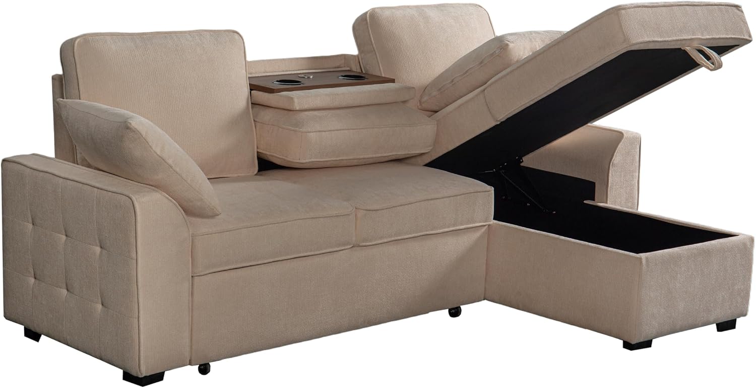Ball & Cast L-Shape Reversible Sectional Sleeper Sofa Bed 4 in 1 Pull Out Couch with Storage Chaise,Cup Holders & USB Ports,Convertible Sleeper Corner Couch Pull-Out Sofa Bed for Living Room,Office
