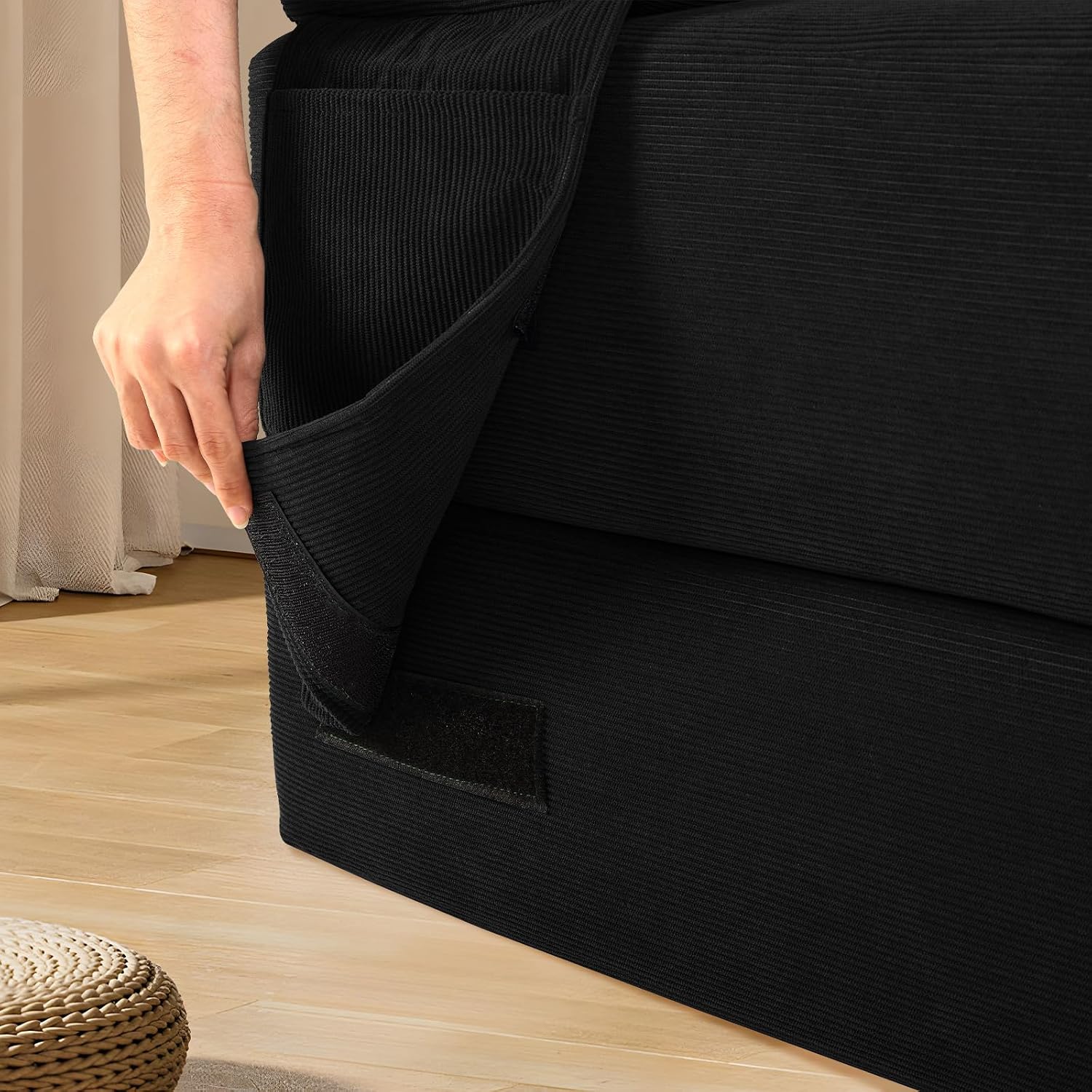 Convertible Futon Sofa Bed,80' Folding Pull Out Couch with Pillows & Storage Pocket (Black, Corduroy-30 W)