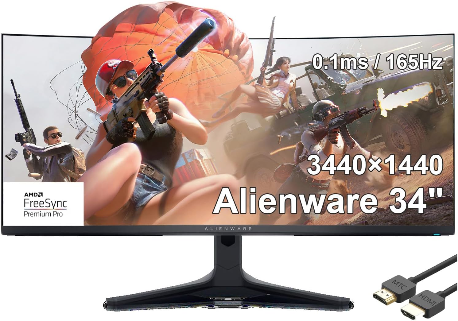 Dell Alienware AW3423DWF 34' Curved Gaming Monitor, QD-OLED (3440x1440) 165Hz Display, 0.1ms Gray-to-Gray, 1.07 Billions Colors, AMD FreeSync Premium Pro, DisplayPort/HDMI, with MTC HDMI Cable