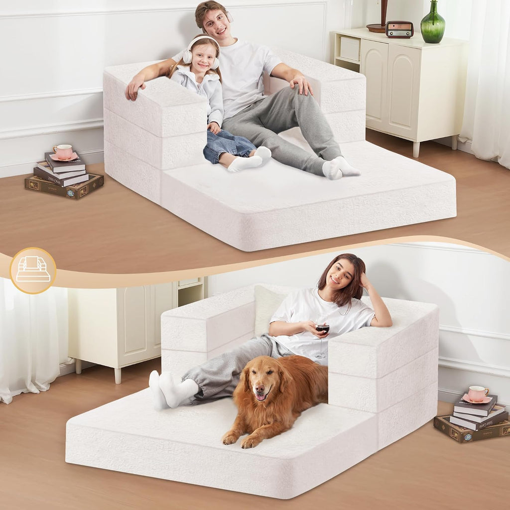 Futon Sofa Bed with Pillow, 3-in-1 Sleeper Sofa Bed with Removable Cover, Convertible Floor Sofa Bed, No Assembly Boneless Couch for Living Room, Bedroom