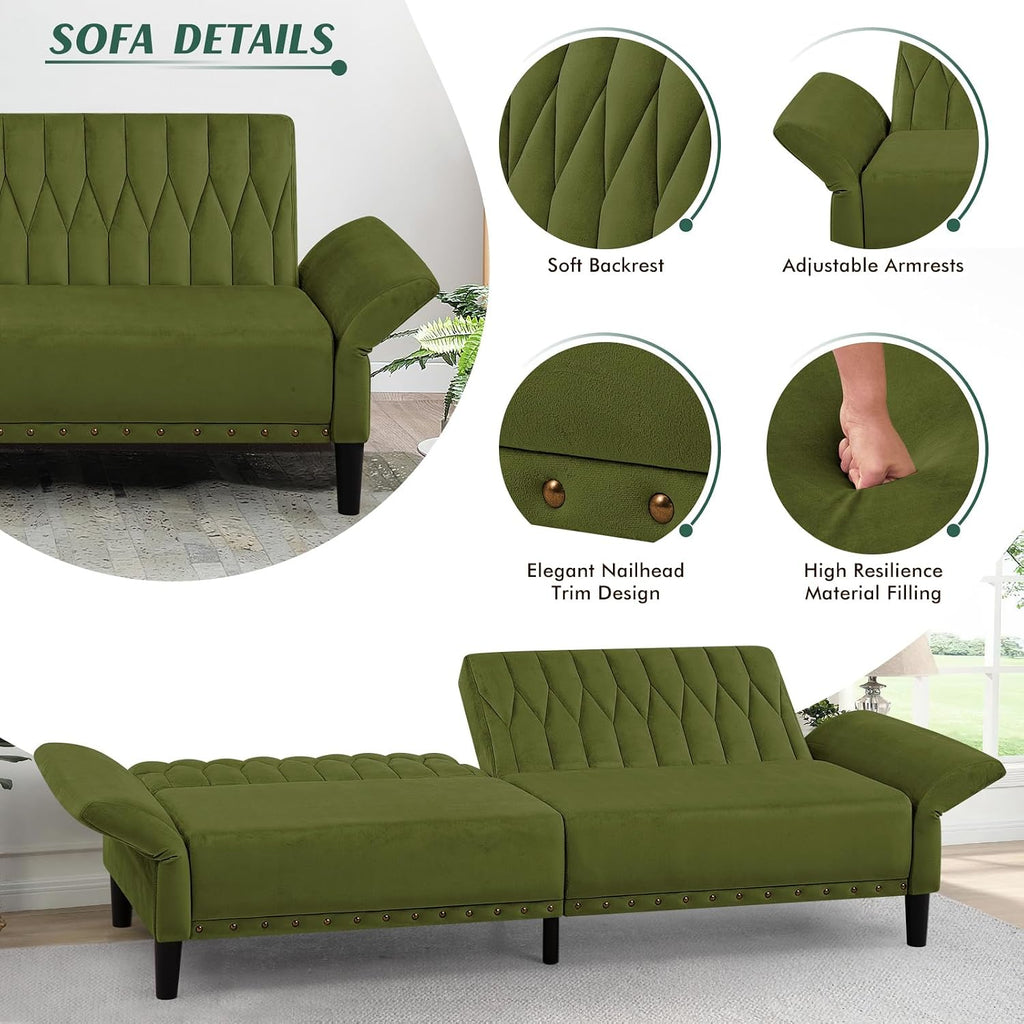 77' Velvet Sofa Bed with Adjustable Armrests and Backrests,Tufted Convertible Futon Couch with Nailhead Trim, Loveseat Modern Velvet Sleeper Sofa for Living Room,Bedroom,Office, Olive Green