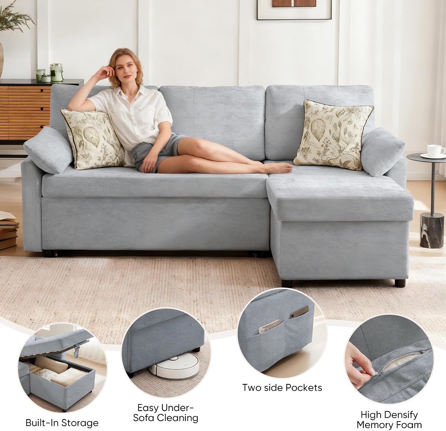 Waxberry 85' L Shaped Sectional Sofa Couch, Pull Out Couch Sleeper Sofa Bed for Living Room, Modular Chenille Deep Seat Sofa, Reversible Chaise, Storage, Side Pockets & Dual USB/Type-C Ports, Gray
