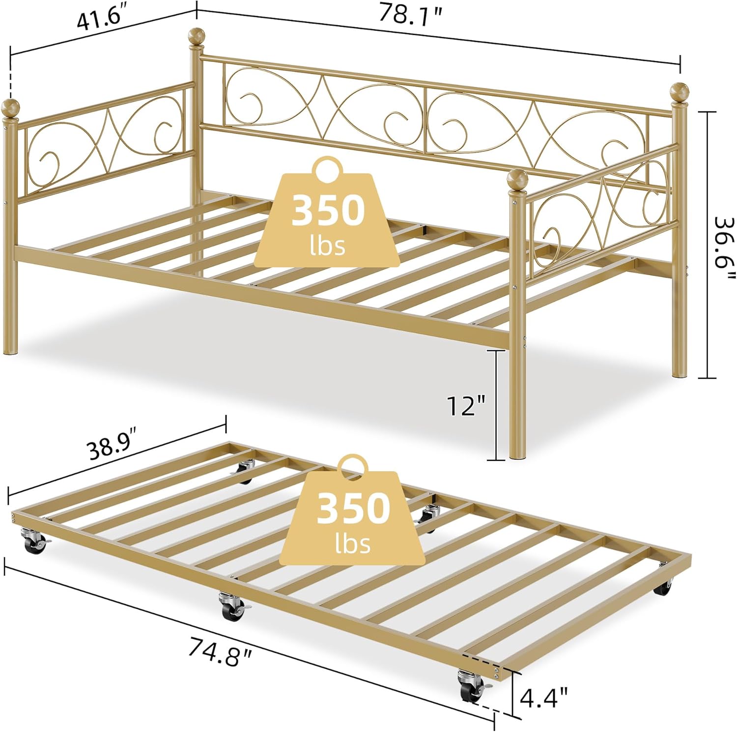 IDEALHOUSE Twin Daybed with Trundle, Metal Trundle Bed, Sofa Bed Frame, Heavy Duty Metal Slats, for Living Room, Bedroom, Guest Room, Space Saving, Gold