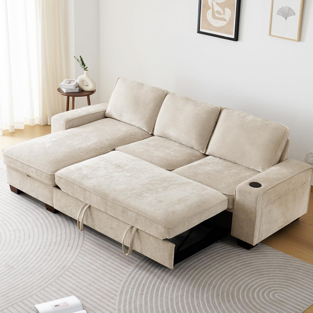 99' Convertible Sleeper Sofa Bed,L Shaped with Storage Chaise Pull Out Couch for Living Room,USB and Type-C,Removable Washable Chenille Covers (Beige)