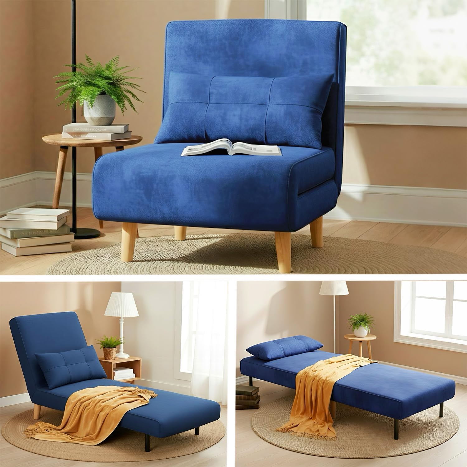 Ahomly 3 in 1 Sleeper Chair Bed, Chair Bed Sleeper for Adults with 6 Angle Adjustable Backrest, Convertible Single Futon for Living Room/Apartment/Office, Blue