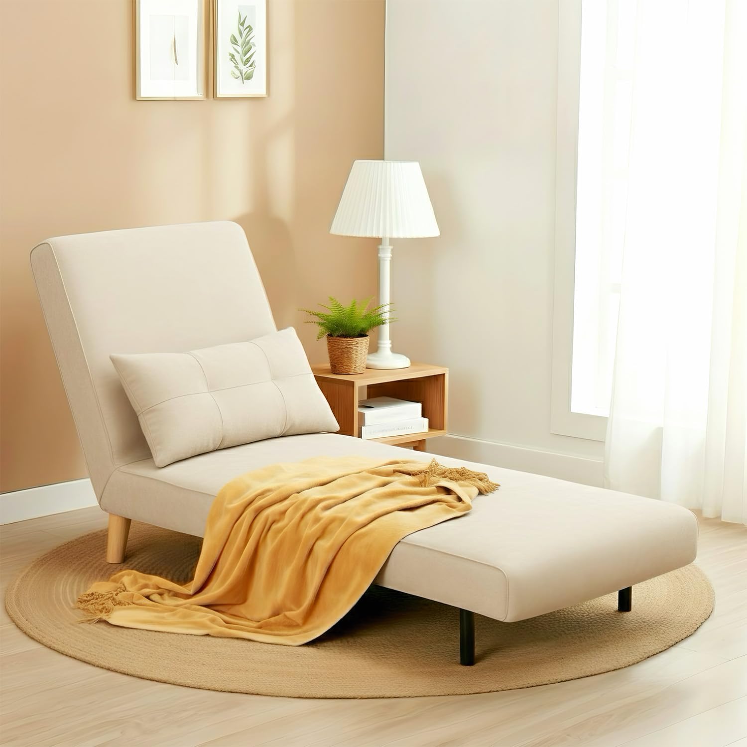 Ahomly 3 in 1 Convertible Sleeper Chair, Sofa Chair for Adults with 6 Angle Adjustable Backrest, Single Sleeper for Living Room/Apartment/Office, Beige