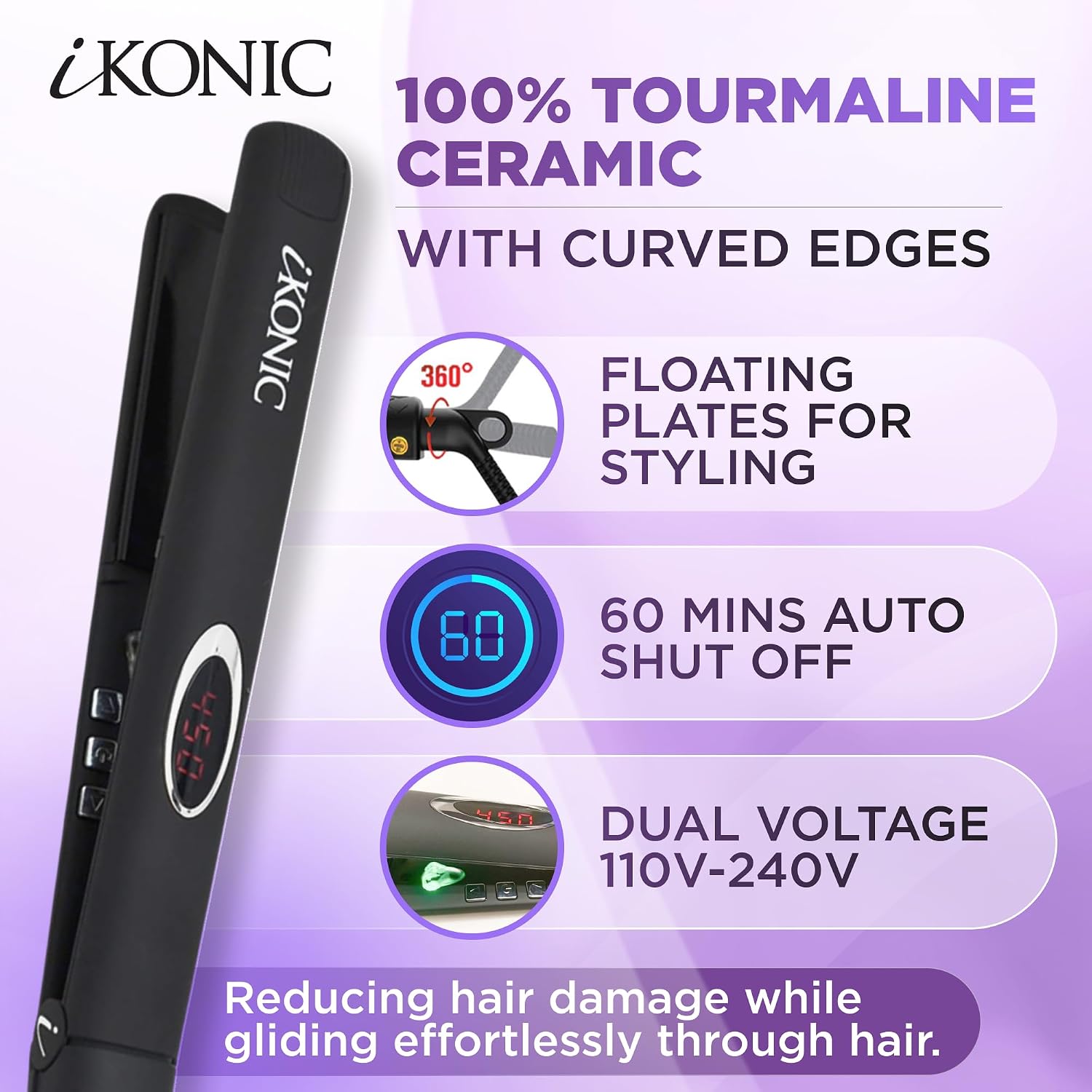 IKonic 100% Tourmaline Ceramic Hair Straightener & Curler– Anti-Static Infrared Ionic 2-in-1 Dual Voltage Flat Iron –1' Floating Plates, Adjustable Temp 140–450°F, Frizz-Free & Fast Heat Hair Iron
