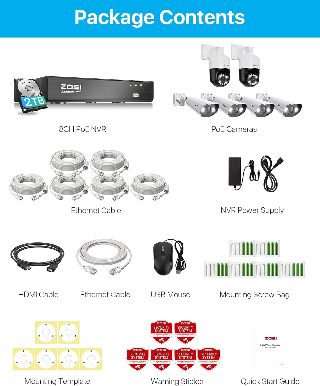 ZOSI 8CH (16CH Expandable) 4K PoE Security Camera System with AI Face Person Vehicle Detection, 6 Wired 5MP 3K Outdoor PT Bullet PoE IP Cameras, 2-Way Audio, 5X Digital Zoom, 2TB HDD, 24/7 Recording