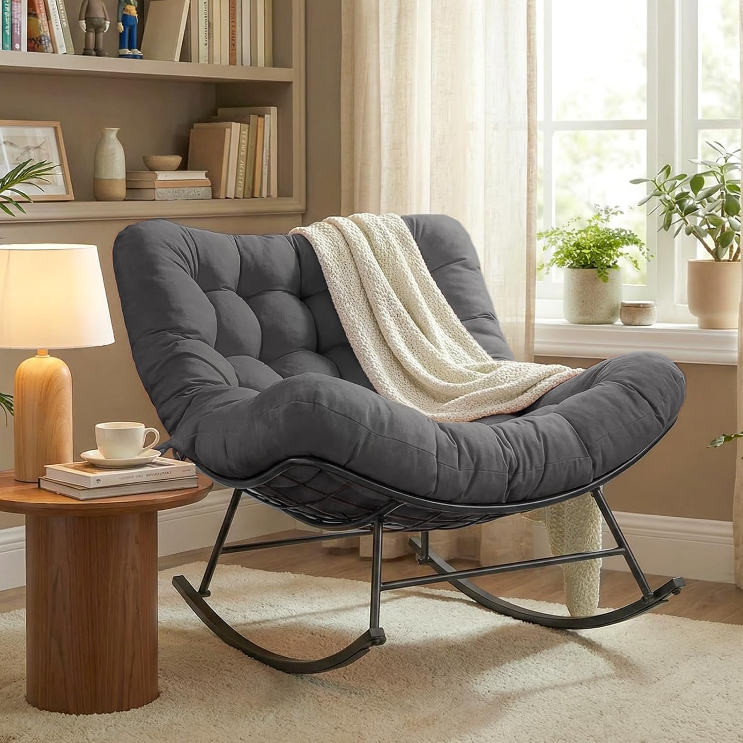 Cushioned Rocking Papasan Chair for Outdoor Indoor, Oversized Outdoor Rocking Chair with Cushion, Egg Rocker for Patio, Porch, Balcony, Lawn, Bedroom, Living Room, Gray