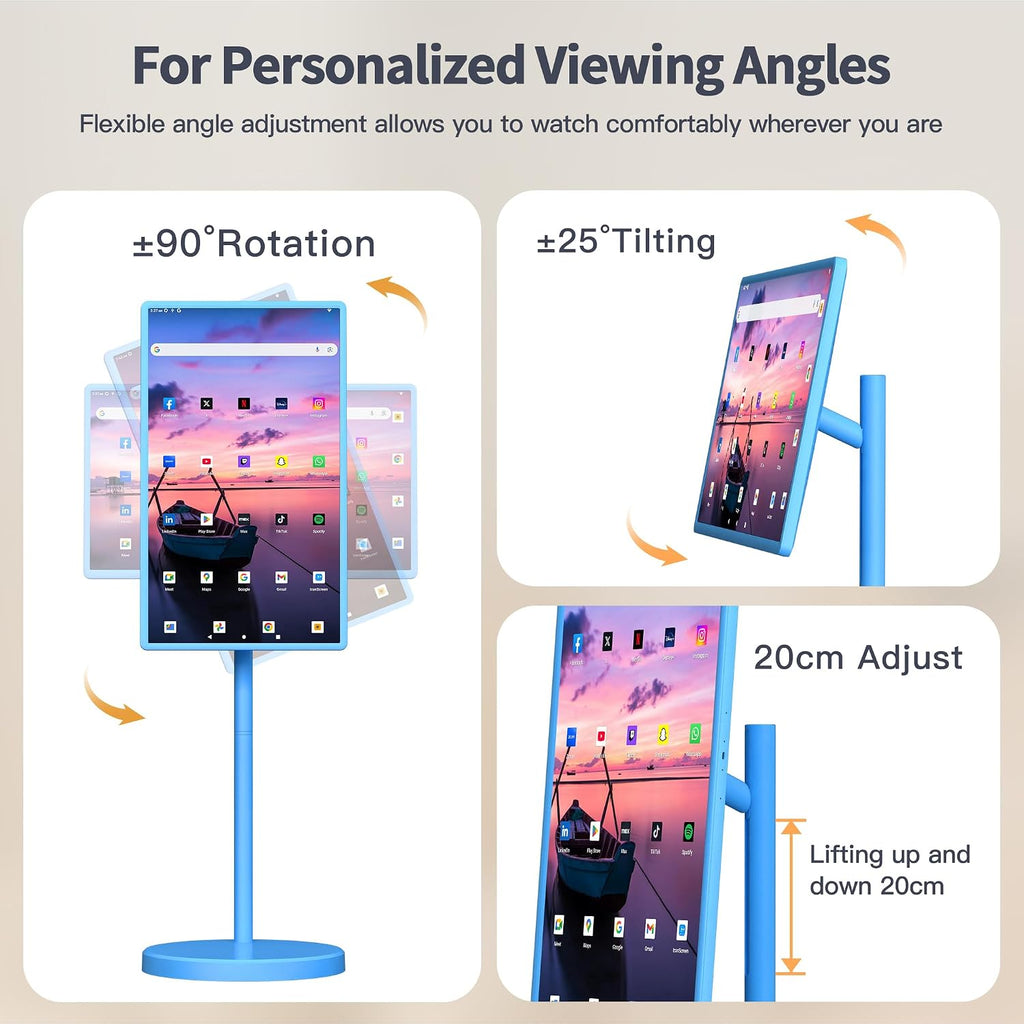 32 Inch Portable Smart TV | 1080P Touch Screen | Android 15 8G+128GB Storage | Movable Monitor on Wheels | 5MP Camera | 38,400 mAh Battery | Voice/Airmouse Remote Control | Versatile Rotatable Display