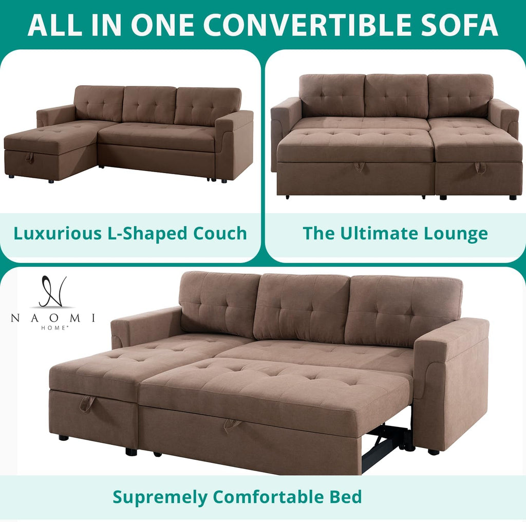 Naomi Home L Shaped Sectional Couch with Storage & Pull Out Bed – 3-in-1 Convertible Sleeper Sofa Bed, Small L Shape Sofa for Living Room, Sofa Bed with Storage Chaise in Mocha, Velvet