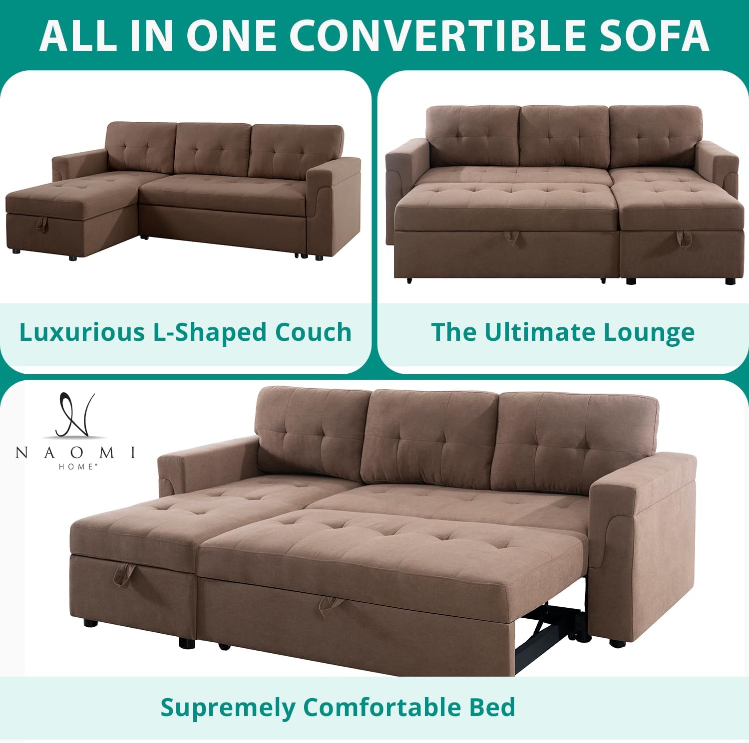 Naomi Home L Shaped Sectional Couch with Storage & Pull Out Bed – 3-in-1 Convertible Sleeper Sofa Bed, Small L Shape Sofa for Living Room, Sofa Bed with Storage Chaise in Mocha, Velvet