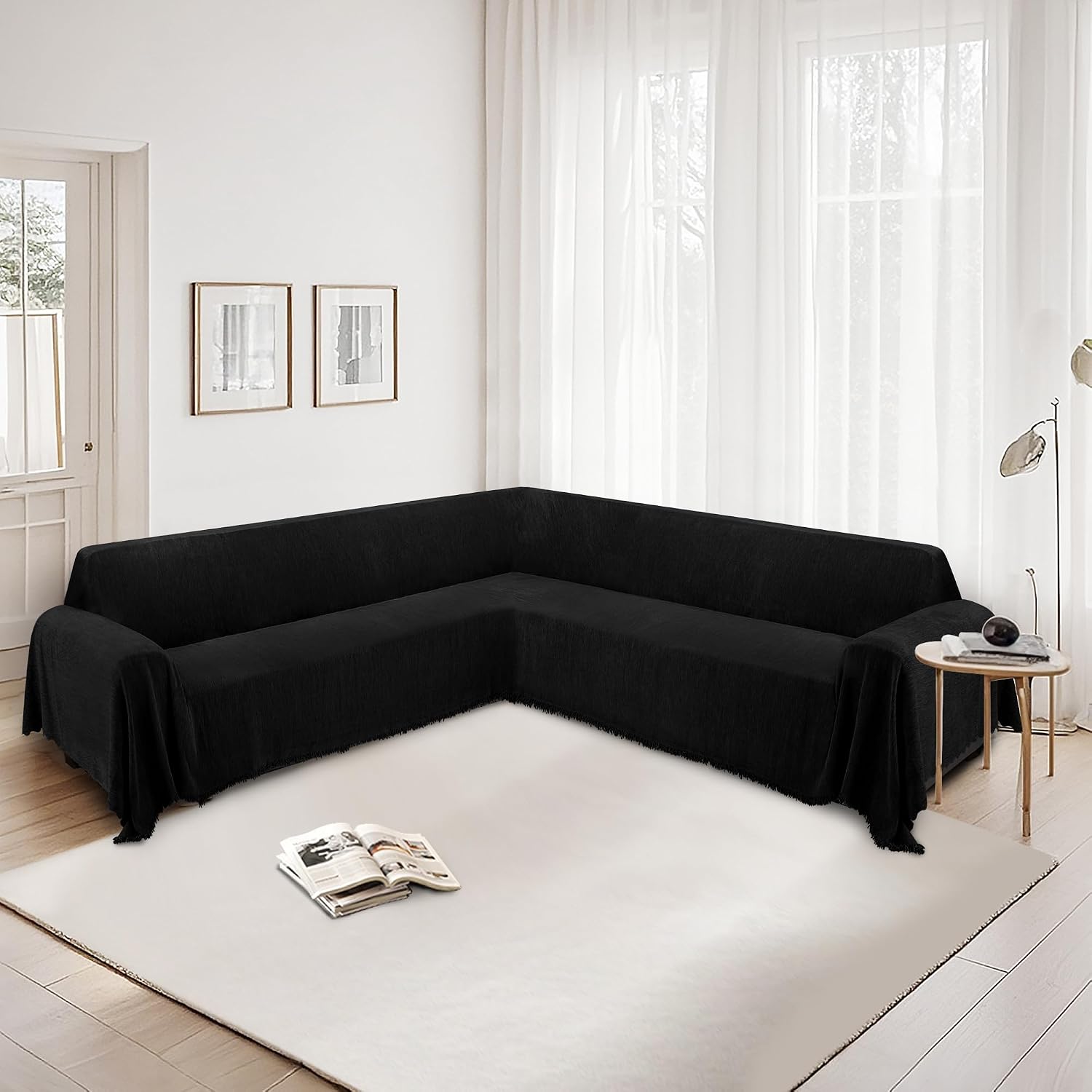 HDCAXKJ Corner Sectional Couch Covers for Dogs L Shape Sofa Cover with Tassel Chenille Soft Non Slip U Shaped Couch Cover Blanket Washable Sofa Slipcovers Protector (Charcoal Black, 91x252 inch)