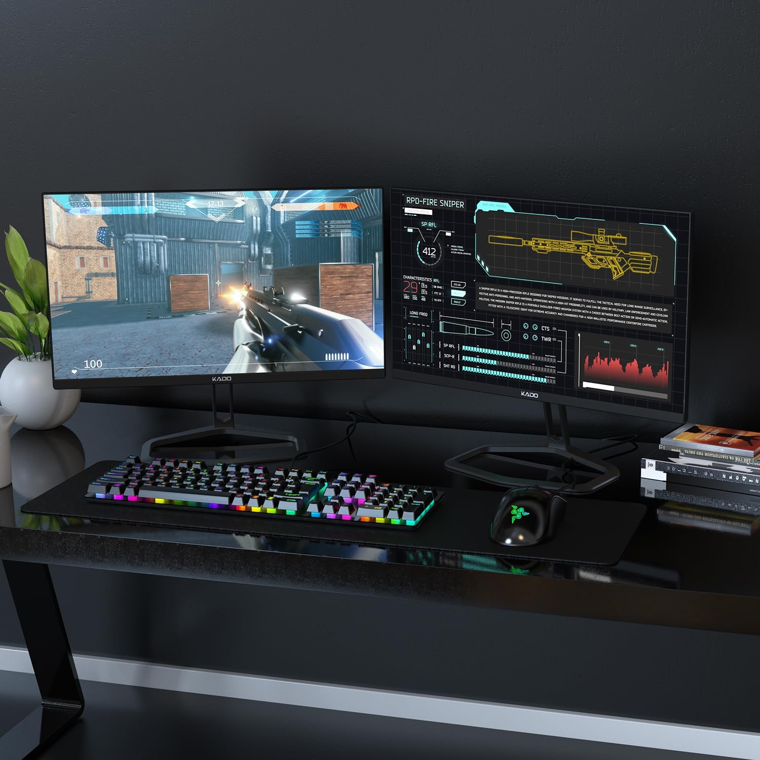 Kado Dual Gaming Monitor Setup - 2-Pack 24.5' 165Hz 1ms 1920x1080 Flat Screen, AMD FreeSync Premium, Panoramic Gaming Multi-View Split Screen Streaming, VESA Mount HDMI DisplayPort Built-in Speakers
