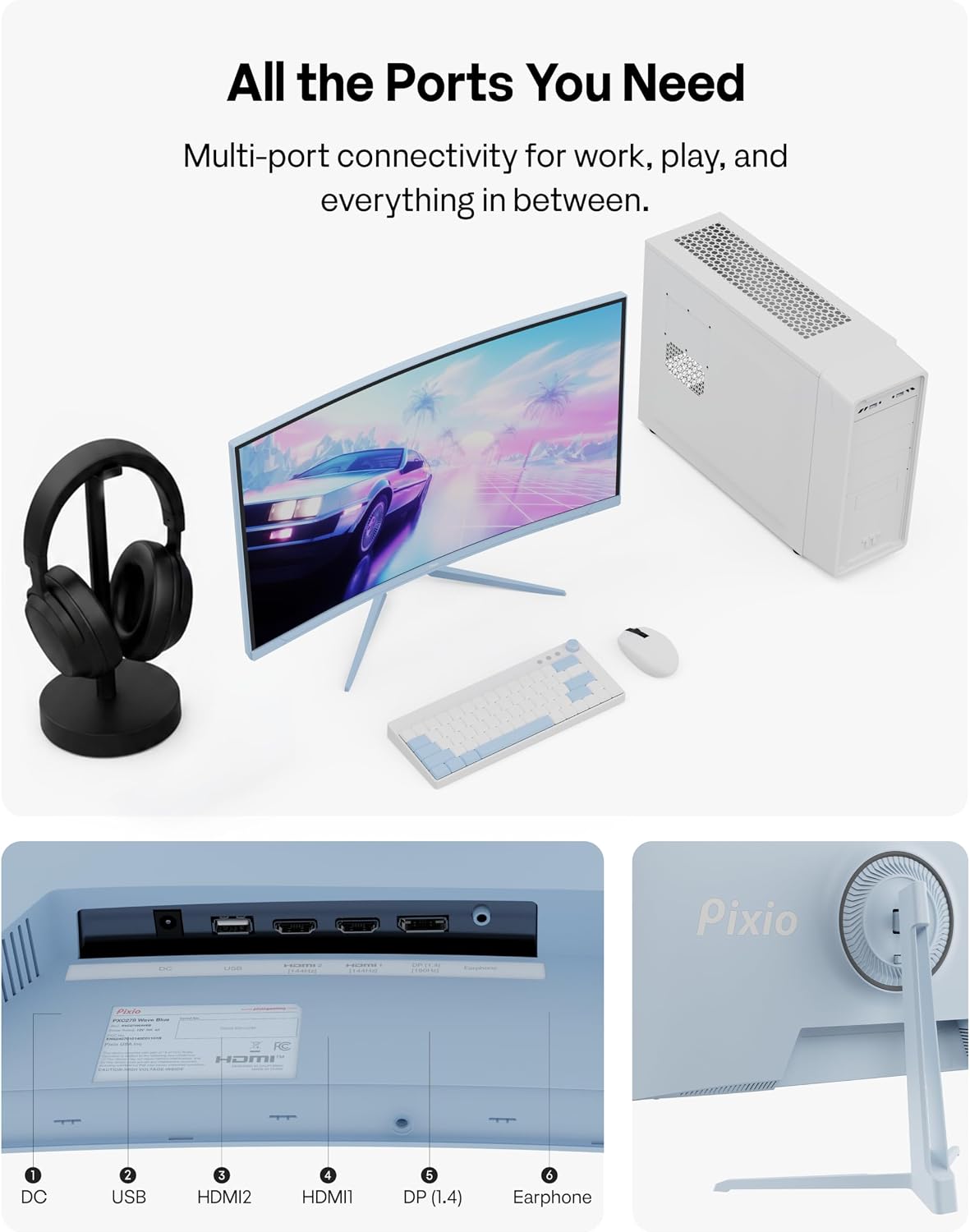 Pixio PXC278 Wave Blue 27 inch 180Hz Refresh Rate QHD 1440p Resolution 1650R Curved Fast VA Panel 1ms GTG Response Time Adaptive Sync HDR Curved Gaming Monitor
