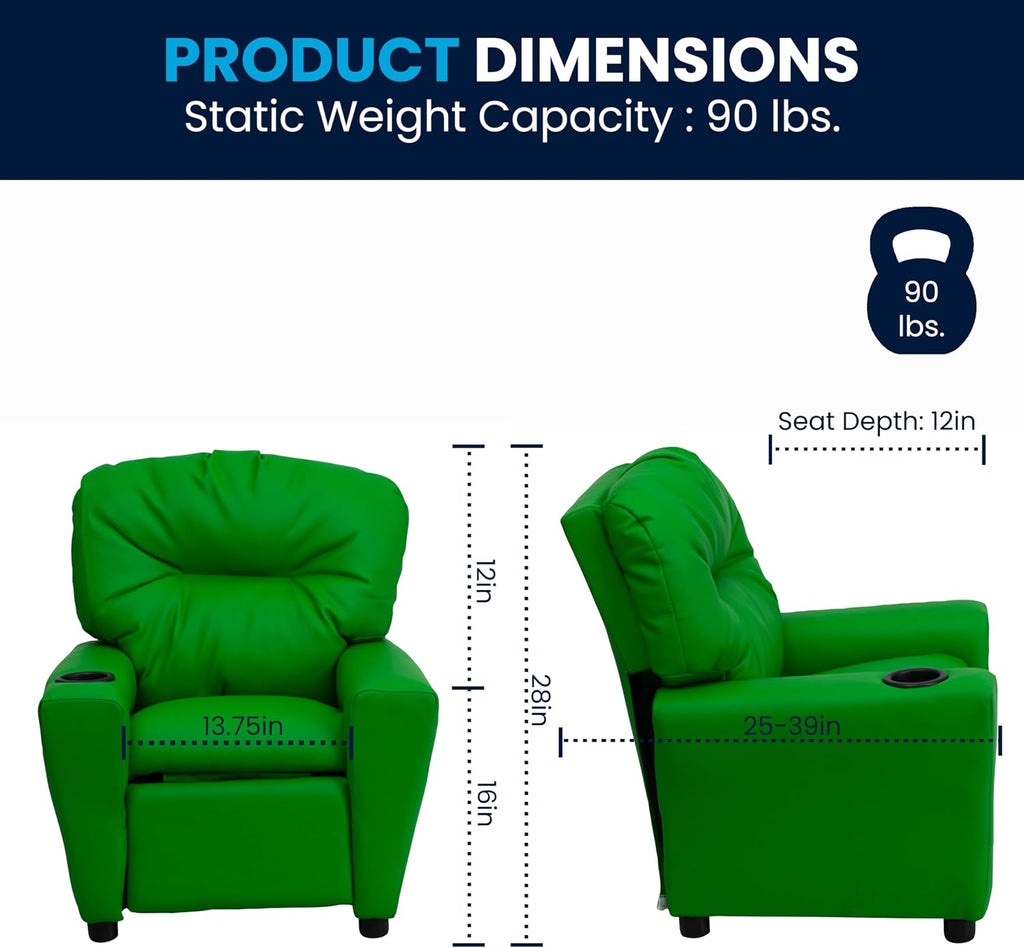 Flash Furniture Chandler Vinyl Kids Recliner with Cup Holder and Safety Recline, Contemporary Reclining Chair for Kids, Supports up to 90 lbs., Green