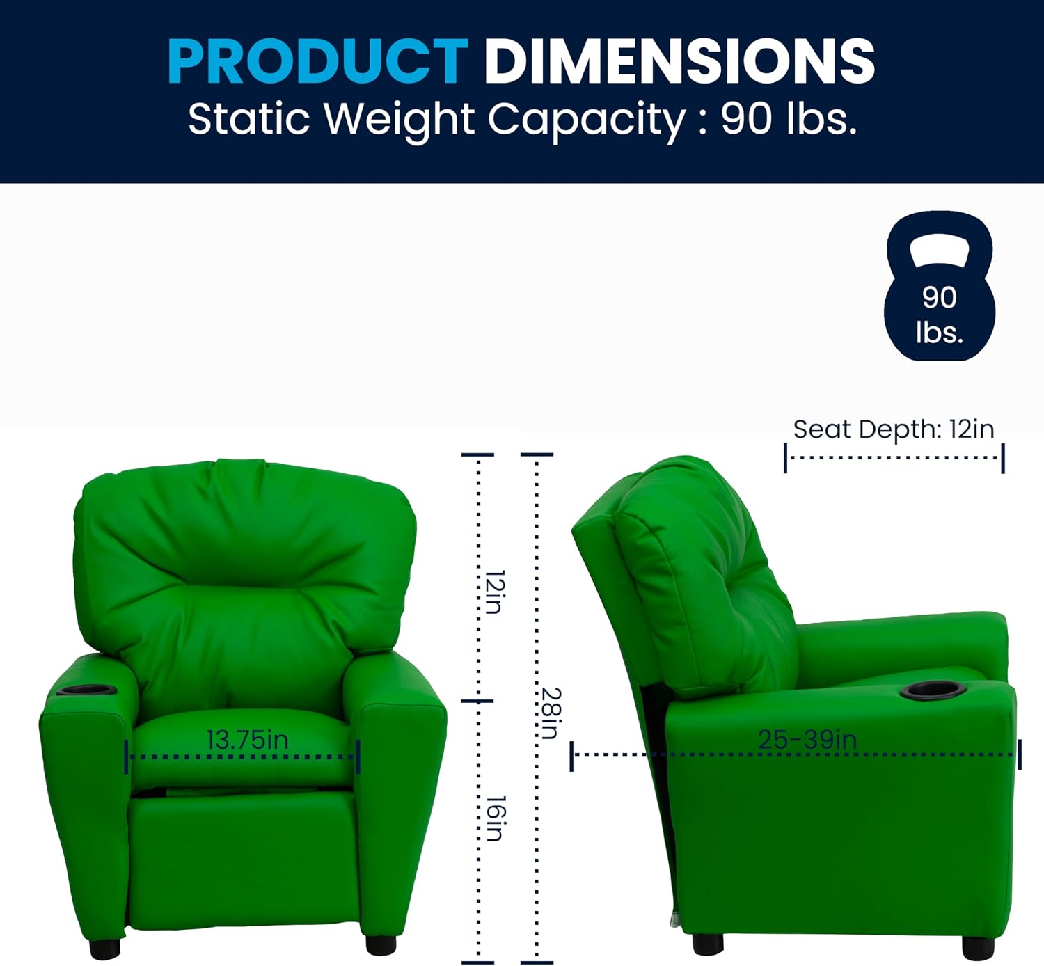 Flash Furniture Chandler Vinyl Kids Recliner with Cup Holder and Safety Recline, Contemporary Reclining Chair for Kids, Supports up to 90 lbs., Green