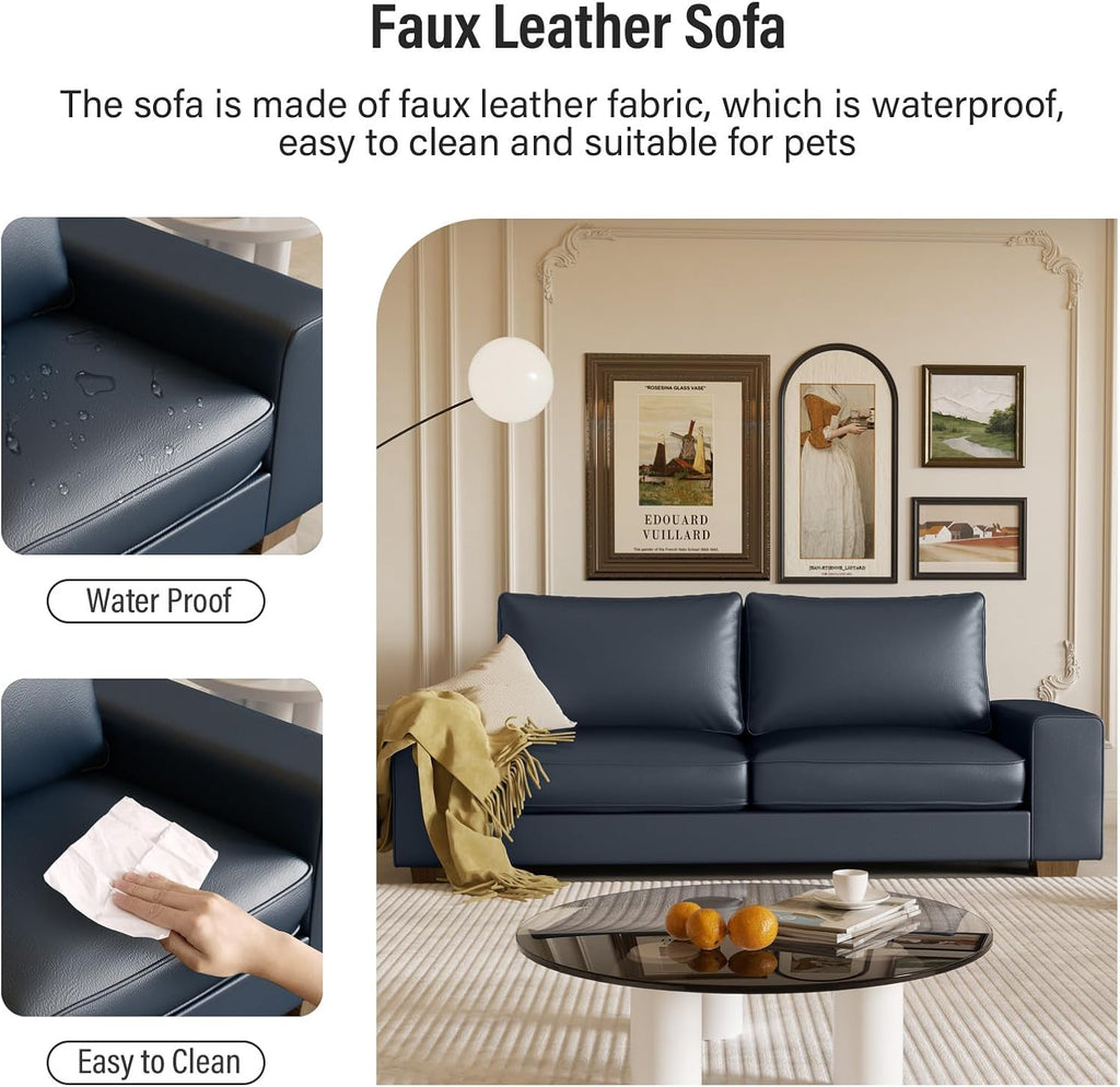 Valthie Faux Leather Couch, Mid Century Modern Comfy Loveseat Sofa with Wide Arm, Side Pockets, Solid Wooden Frame for Office, Living Room and Bedroom, 2 Seater (Blue, 71.25 inches)