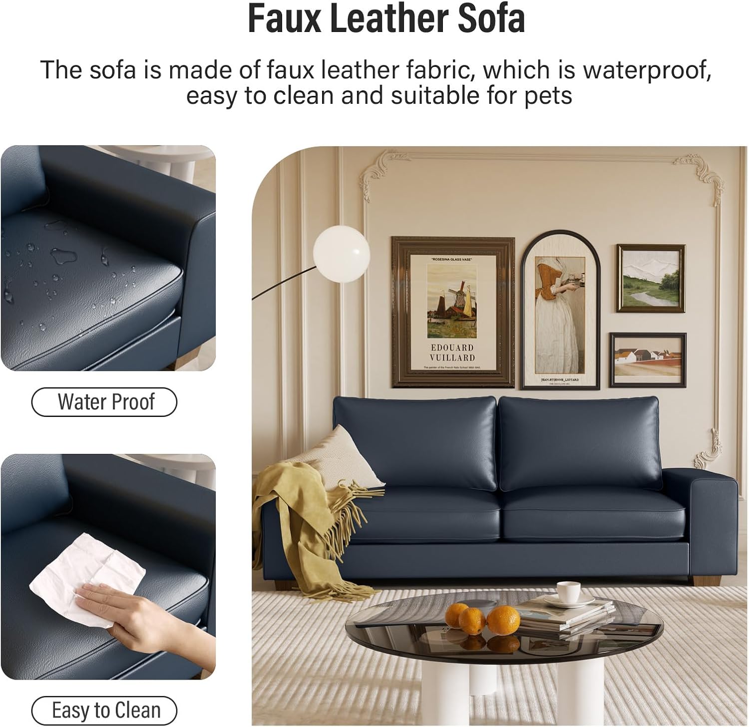 Valthie Faux Leather Couch, Mid Century Modern Comfy Loveseat Sofa with Wide Arm, Side Pockets, Solid Wooden Frame for Office, Living Room and Bedroom, 2 Seater (Blue, 71.25 inches)