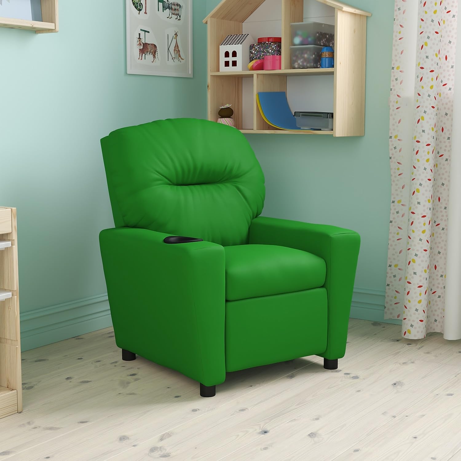 Flash Furniture Chandler Vinyl Kids Recliner with Cup Holder and Safety Recline, Contemporary Reclining Chair for Kids, Supports up to 90 lbs., Green