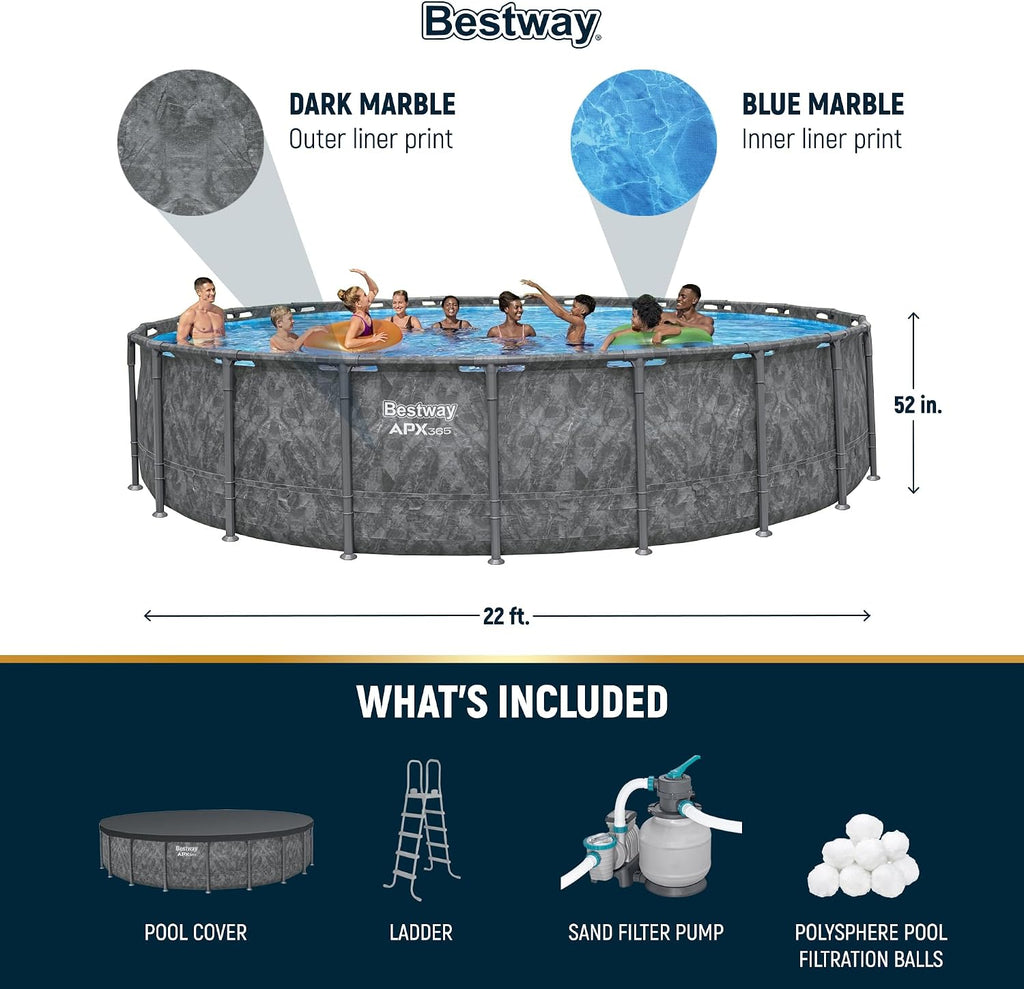 Bestway APX 365 22' x 52' Above Ground Pool, Round Metal Frame Outdoor Swimming Pool Set with Sand Filter Pump, Ladder, and Cover, Dark Marble