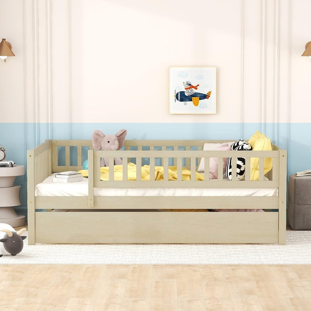 Montessori Bed Frame with Fence Railings and Trundle for Kids,Full Size Wood Low Platform Bed Frame with Full-Length Safety Guardrails for Boys Girls,No Box Spring Needed,Natural