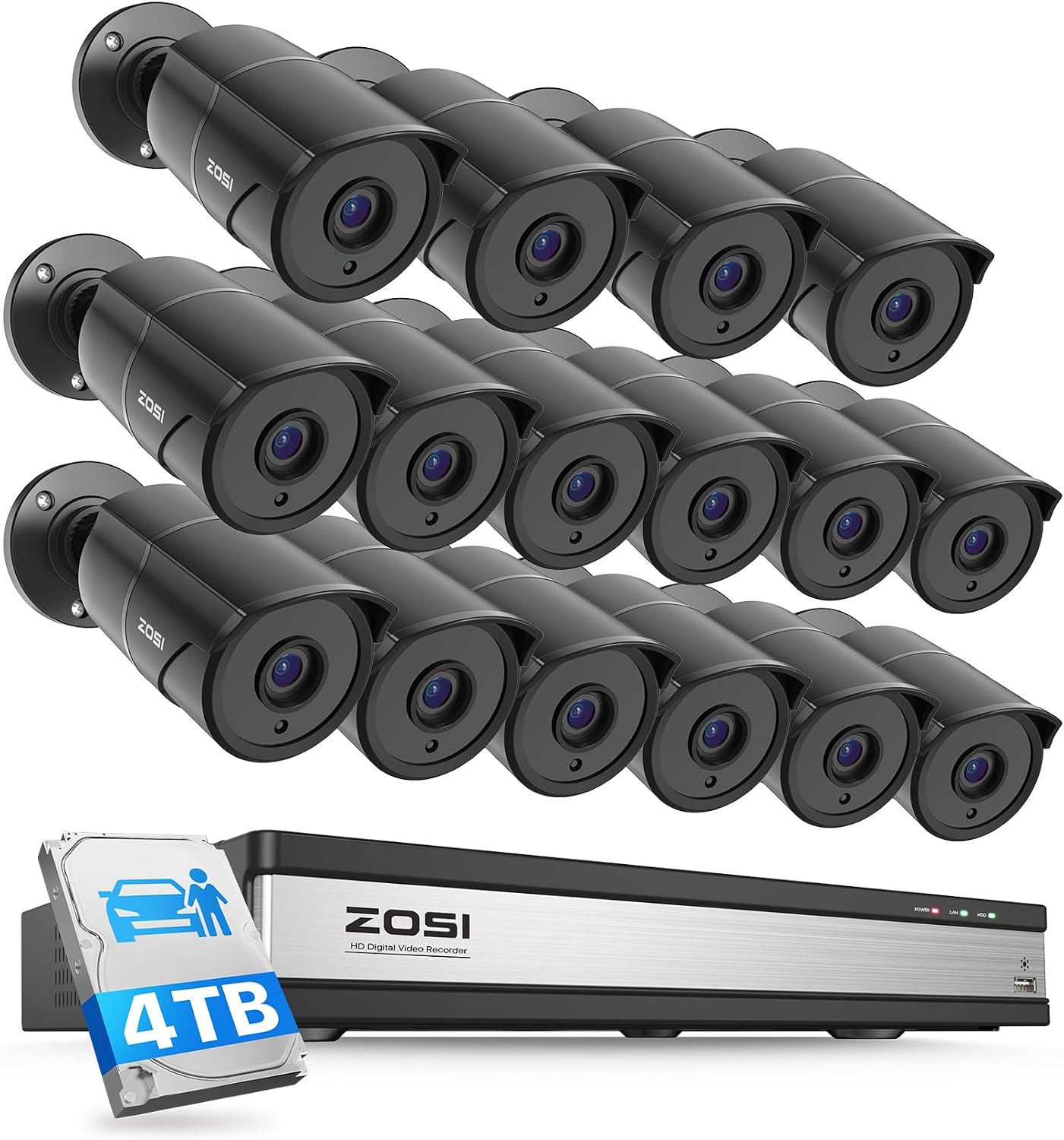 ZOSI 16CH 3K Lite Security Camera System with Audio, AI Human/Vehicle Detection, Night Vision, 16 x 1080P Metal Weatherproof Wired Cameras, 16 Channel Surveillance DVR with 4TB HDD for 24/7 Recording