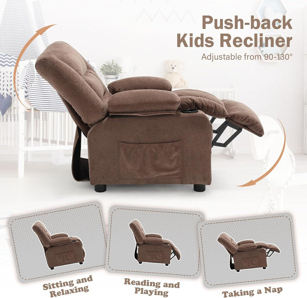 BOSMILLER Kids Recliner Chair， Push Back Toddler Recliner with Cup Holders & Side Pockets， Adjustable Footrest & Headrest Kids Sofa for Boys Girls 3+ Age Group