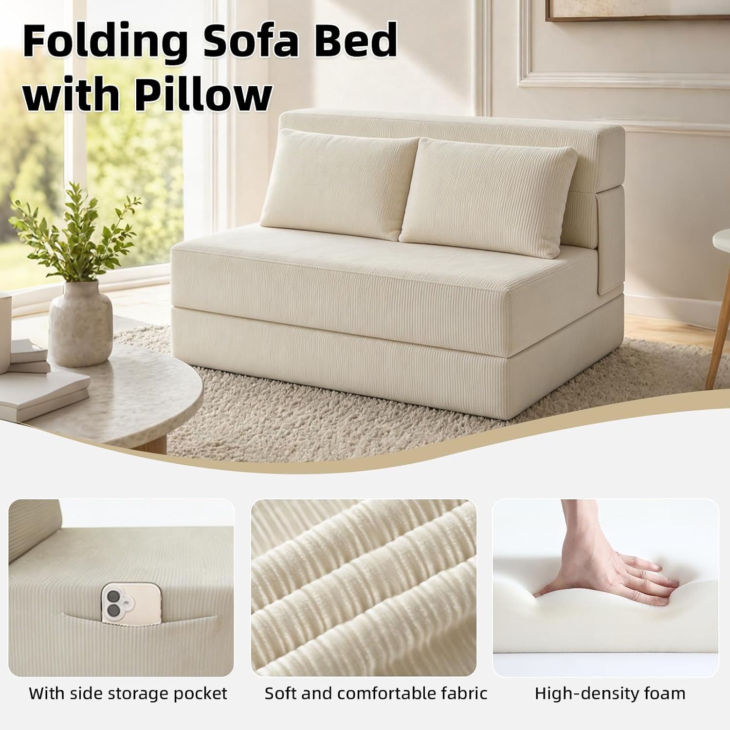 Folding Sofa Bed,Convertible Sleeper Chair with Pillow, Loveseat Fold Out Chair Bed, Memory Foam Floor Couch Mattress, Foldable Futon Couch Lounge for Living Room (Beige-Corduroy, Twin XL)