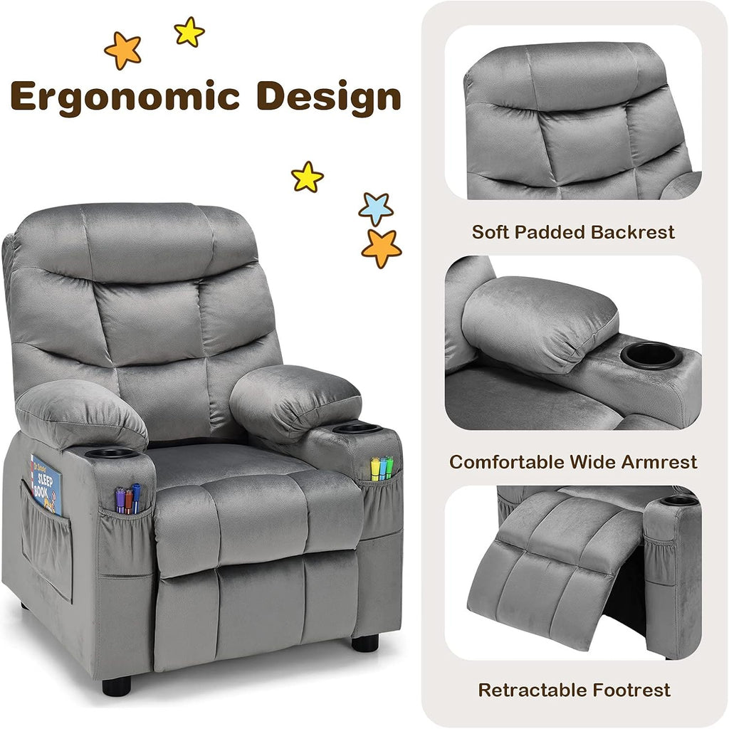 Costzon Kids Recliner Chair with Cup Holder, Adjustable Velvet Lounge Chair w/Footrest & Side Pockets for Children Boys Girls Room, Ergonomic Toddler Furniture Sofa Gifts, Kids Recliner (Gray)