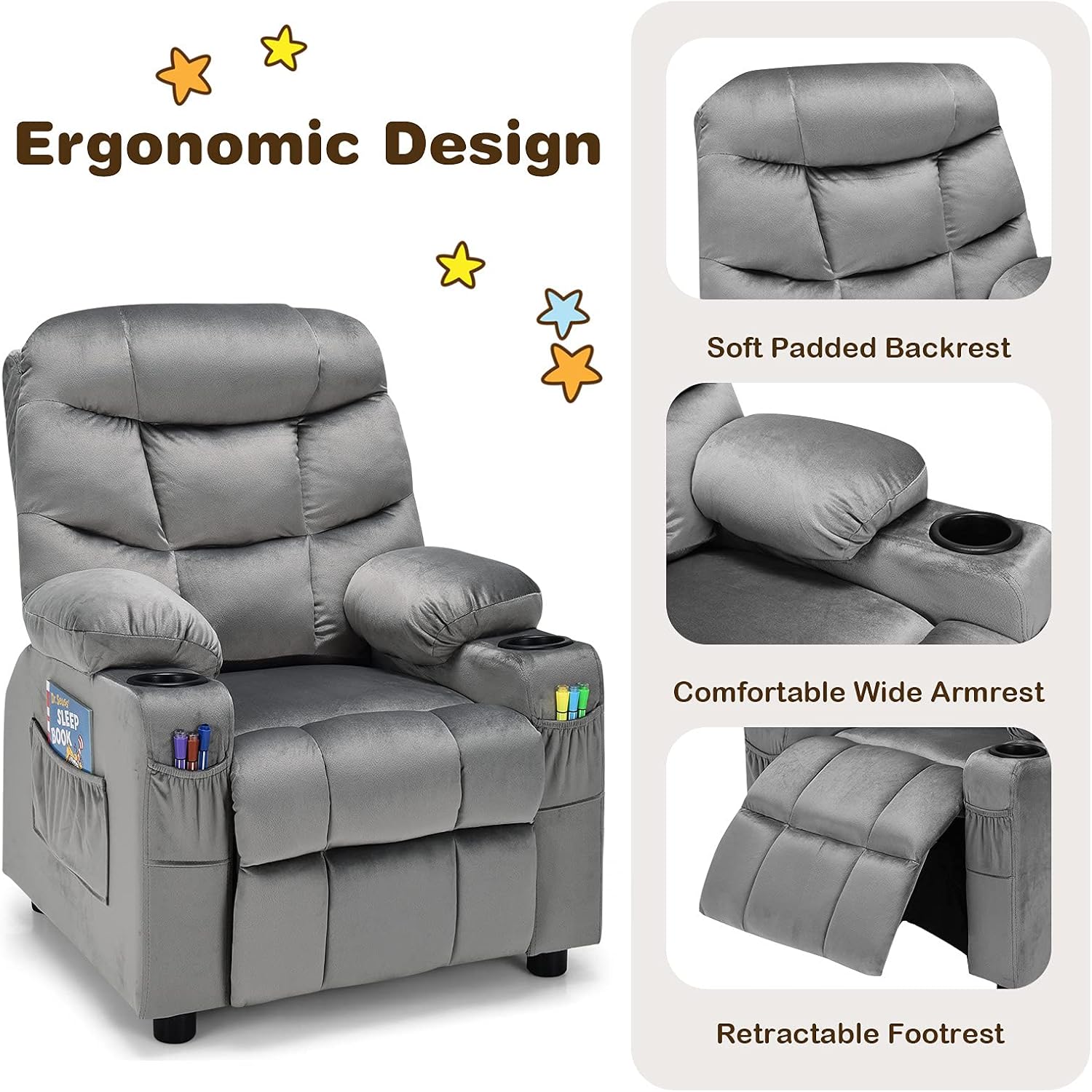 Costzon Kids Recliner Chair with Cup Holder, Adjustable Velvet Lounge Chair w/Footrest & Side Pockets for Children Boys Girls Room, Ergonomic Toddler Furniture Sofa Gifts, Kids Recliner (Gray)