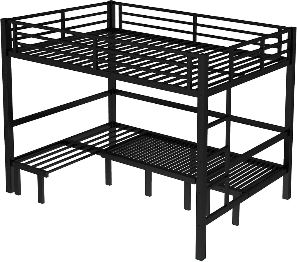 Harper & Bright Designs Queen Over Queen Metal Bunk Bed with Couch, Heavy Duty Bunk Bed Frame with Sofa, Lower Bed Can Be Pulled Out in Three Sections, Black