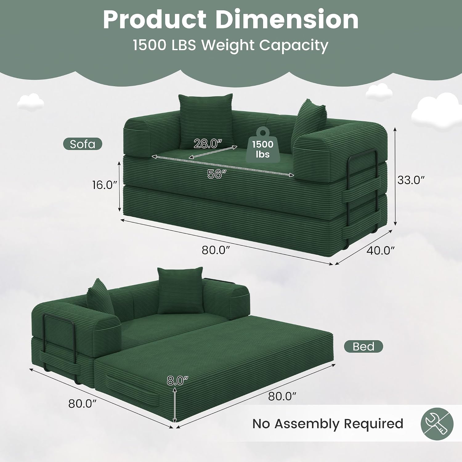 80' Convertible Sofa Bed, 5 in 1 Modular Boneless Couch Sleeper Sofa Bed with Fixed Frame & Removable Backrest Pillow, Washable Corduroy Futon Sofa Bed Couch in a Box for Small Spaces, Dark Green