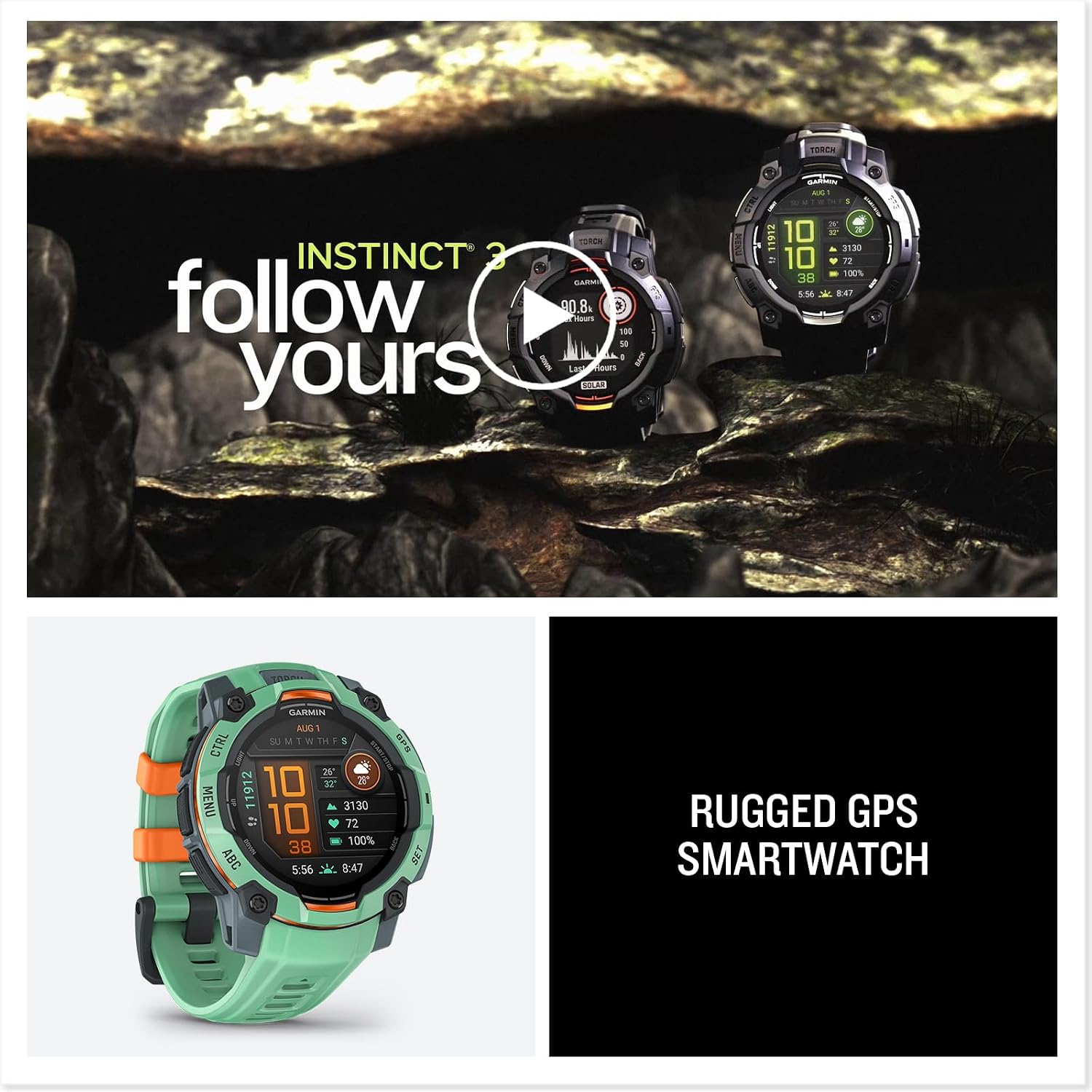 Garmin Instinct® 3 45mm, AMOLED Display, Rugged Outdoor GPS Smartwatch, Metal-Reinforced Bezel, Built-in Flashlight, Up to 18 Days of Battery Life, Neo Tropic