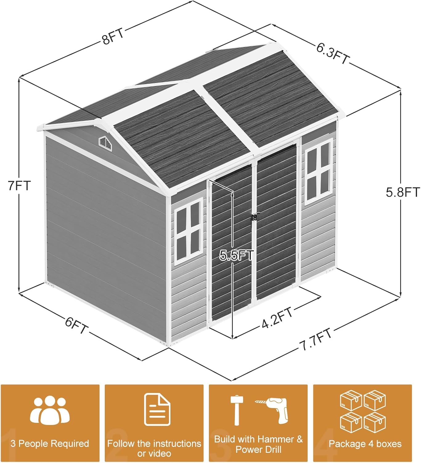 Outdoor Resin Storage Shed 8x6x7 FT with Floor 2 Windows, Reinforced Frame Large Waterproof Plastic Garden Sheds Kit with Base for Backyard Patio Lawn Tools Storage, Gray