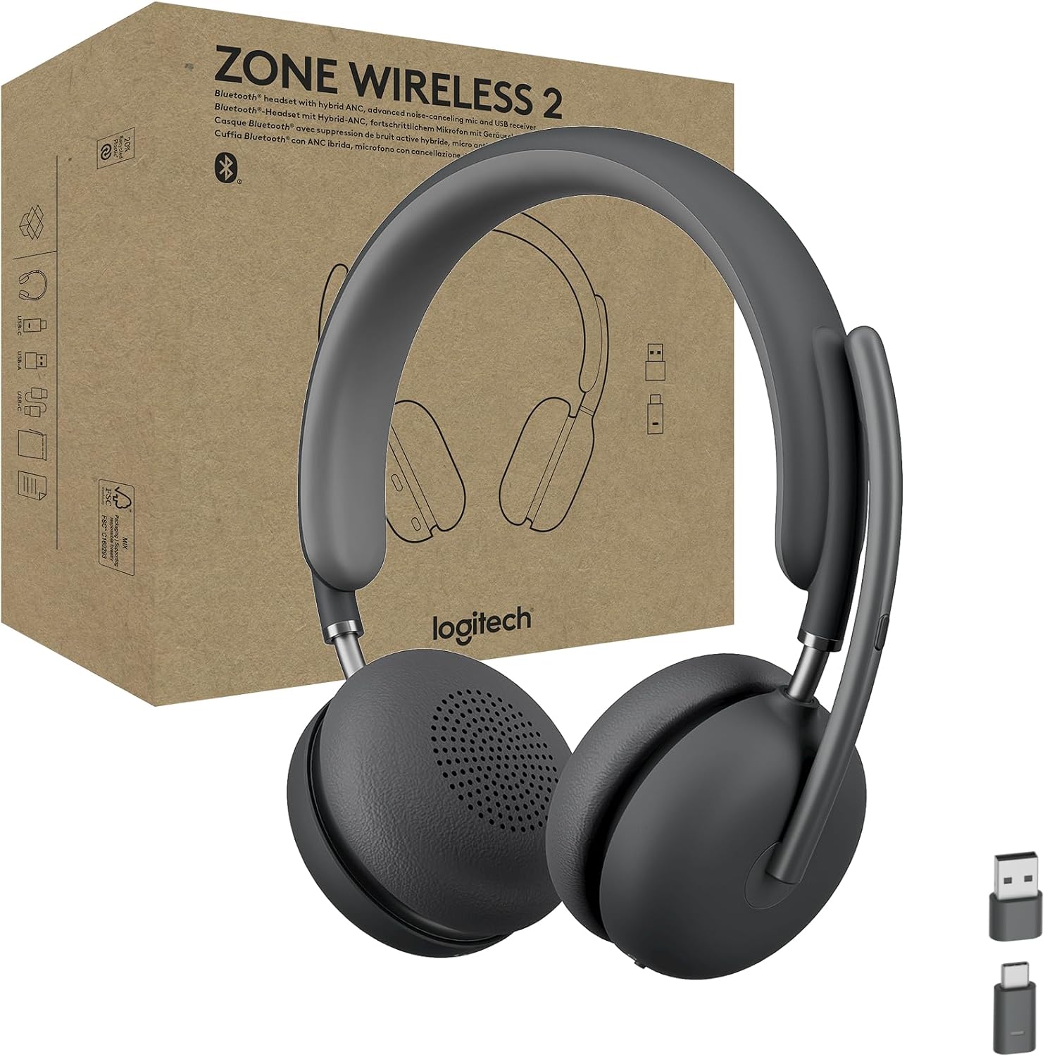 Logitech Zone Wireless 2 Premium Noise Canceling Headset with Hybrid ANC, Bluetooth, USB-C, USB-A, Certified for Zoom, Google Meet, Google Voice, Fast Pair, Engineered for Intel Evo laptops, Graphite